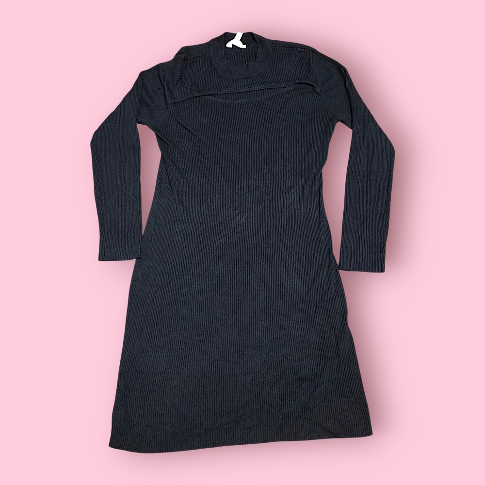 Black Ribbed Long Sleeve Sweater Dress